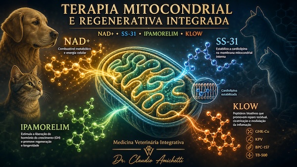 A associação entre COENZIMA NAD+, SS-31 (Elamipretida), PEPTIDEOS, Ipamorelim e o Blend KLOW na Medicina Veterinária Integrativa